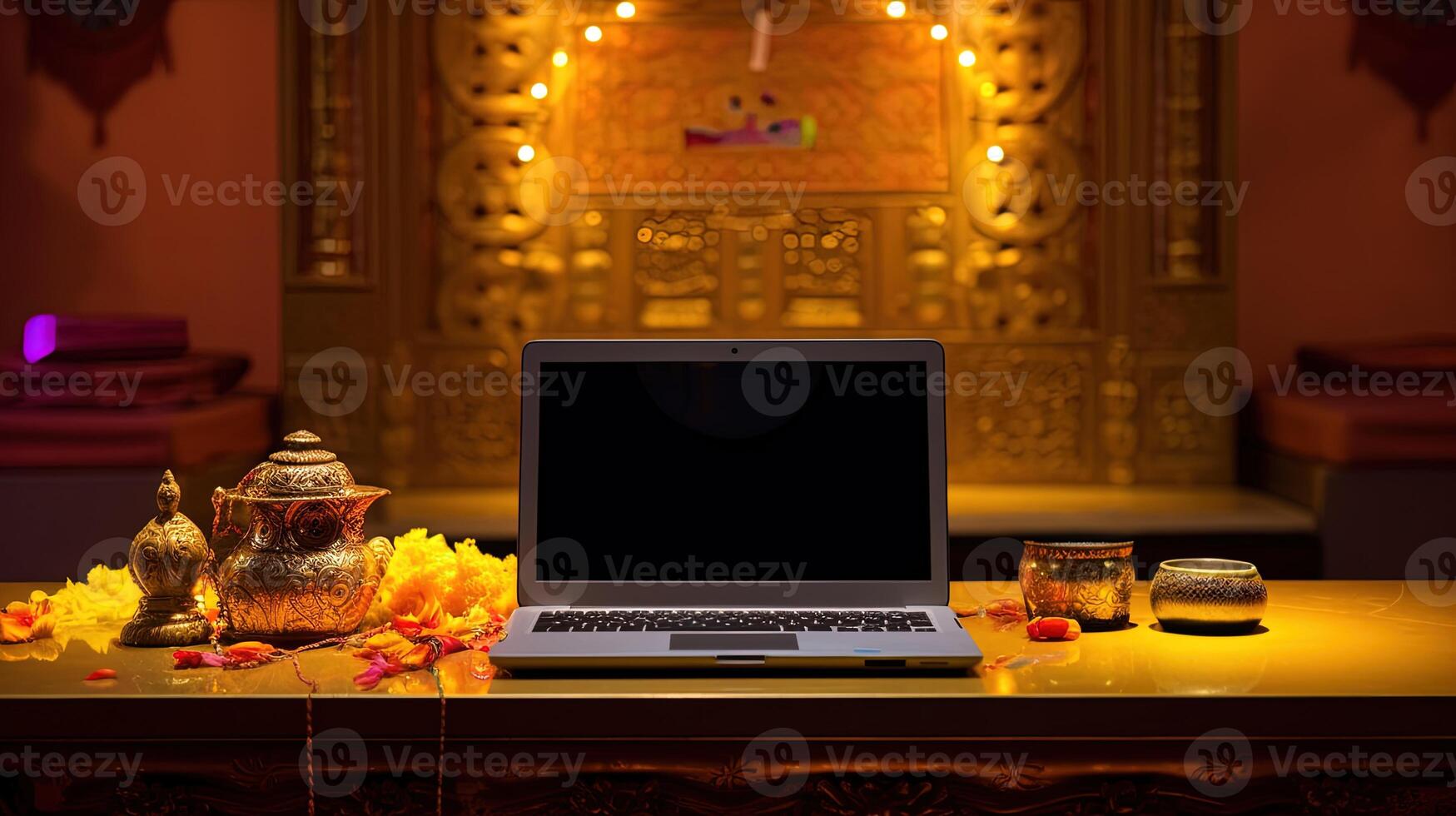A Grey Laptop on Worship Place for Pray Digital Technology. photo