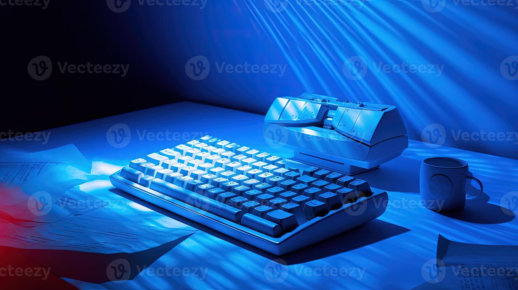 Futuristic Digital Technology with Glowing Key Puncher with Keyboard, Papers and Tea or Coffee Mug at Dark Blue Background. 3D Render. photo