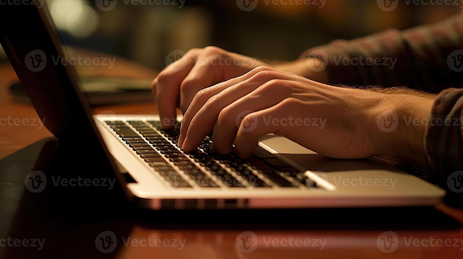 Closeup of Man Working on His Laptop or Notebook Computer at Desk in Office or Home. . photo