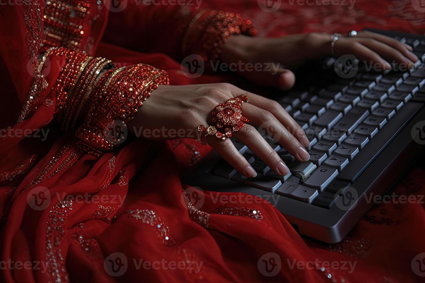 Indian Female Hands Typing on Keyboard Surfing Internet and Sending Message to Friends via Social Network. Technology and Communication Concept. . photo