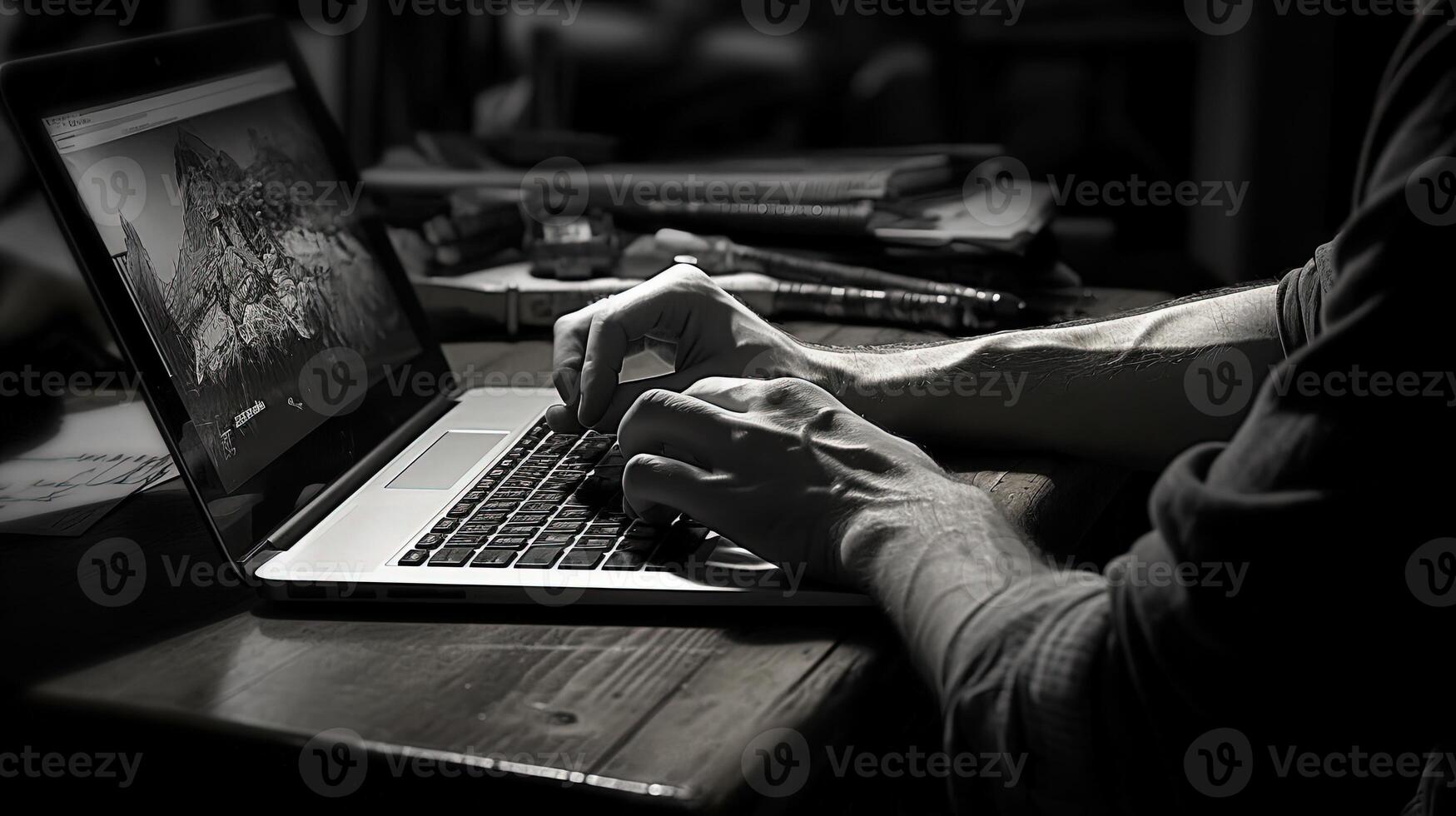 Black and White Image of Human Hands Typing on Laptop Keyboard at Desk in Office or Home. Generative AI Technology. photo
