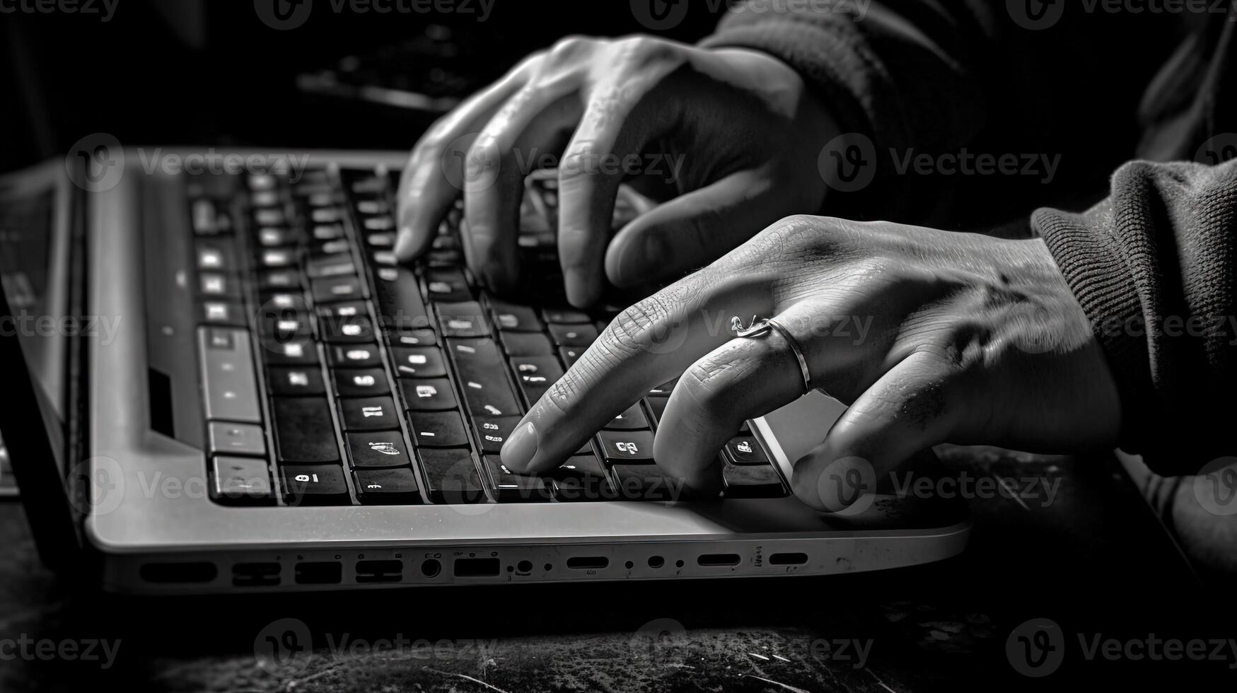 Black and White Image of Human Hands Typing on Laptop Keyboard at Desk in Office or Home. Technology. photo