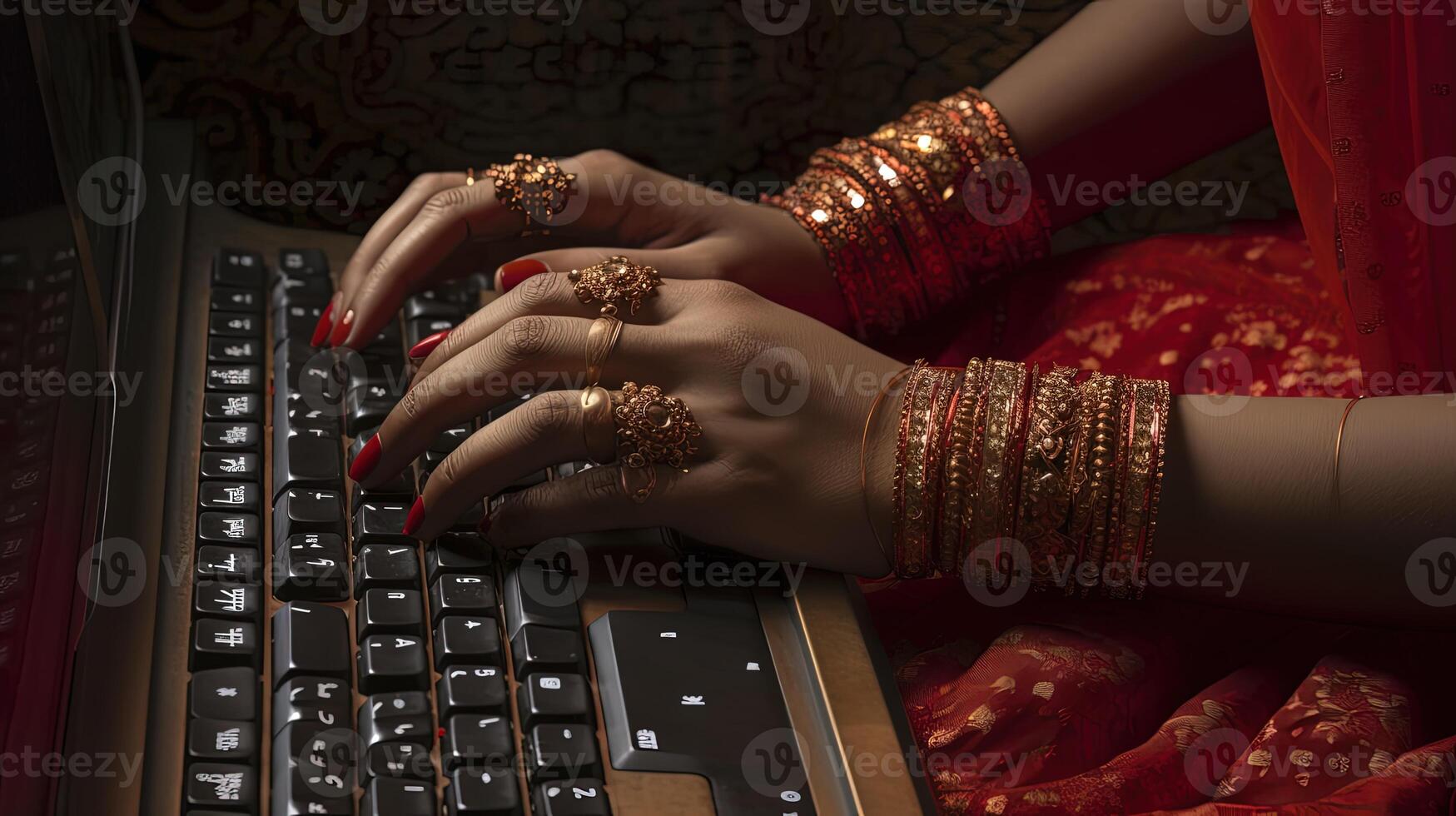 Indian Female Hands Typing on Keyboard Surfing Internet and Sending Message to Friends via Social Network. Technology and Communication Concept. . photo