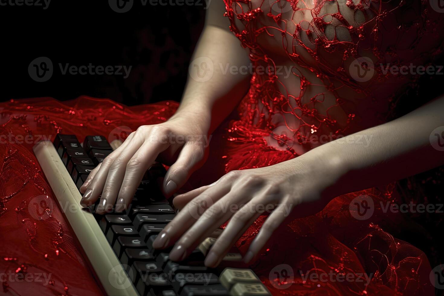 Indian Female Hands Typing on Keyboard Surfing Internet and Sending Message to Friends via Social Network. Technology and Communication Concept. . photo