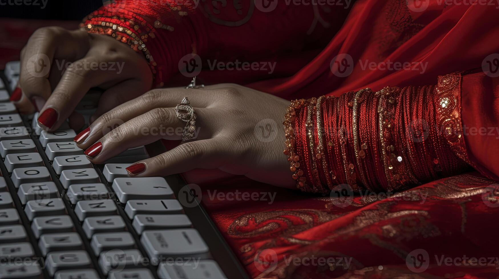 Indian Female Hands Typing on Keyboard Surfing Internet and Sending Message to Friends via Social Network. Technology and Communication Concept. . photo