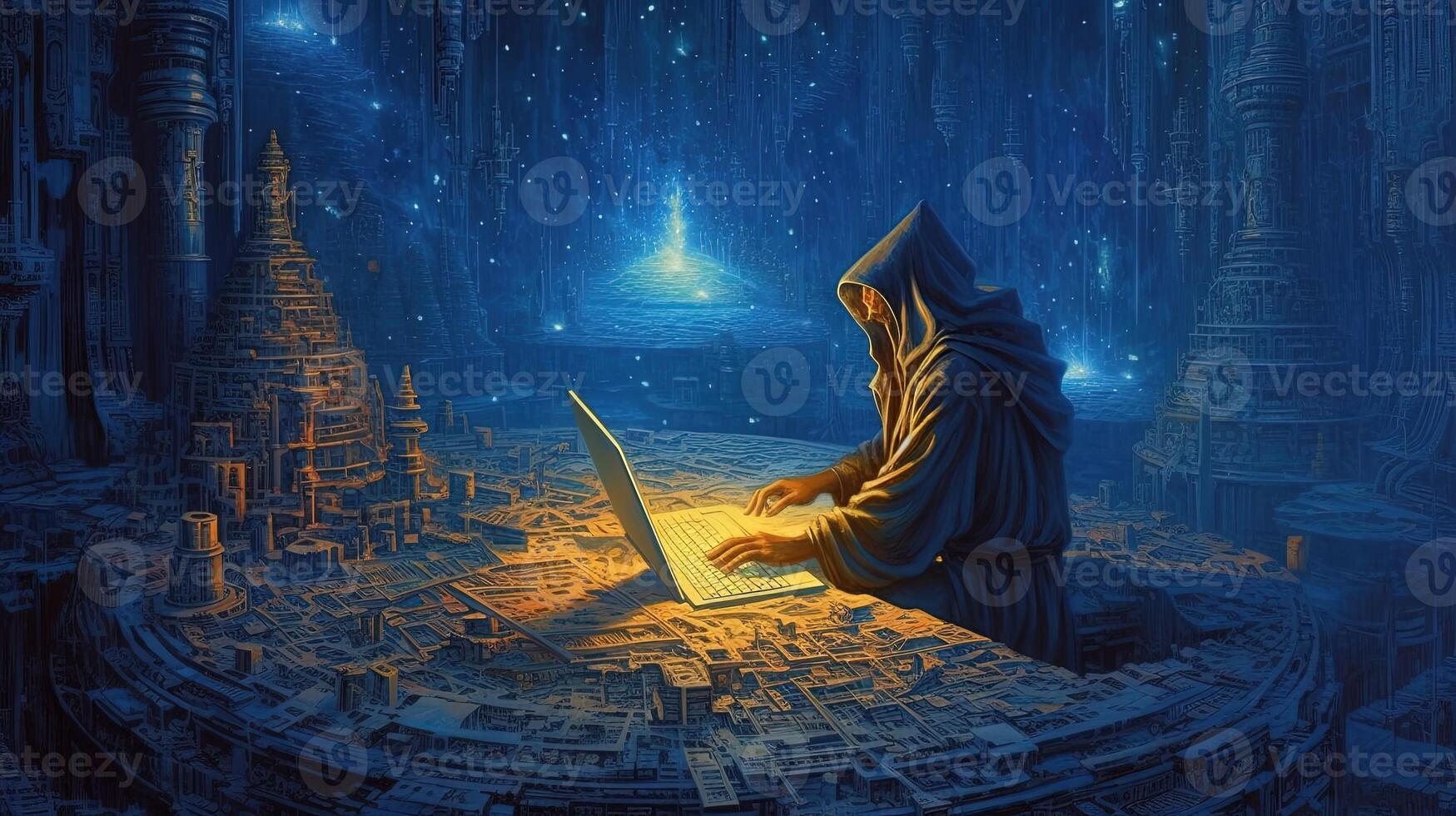 Horror Image of Death Person Using Laptop at Dark Blue Light Ancient Palace. Digital Technology. photo
