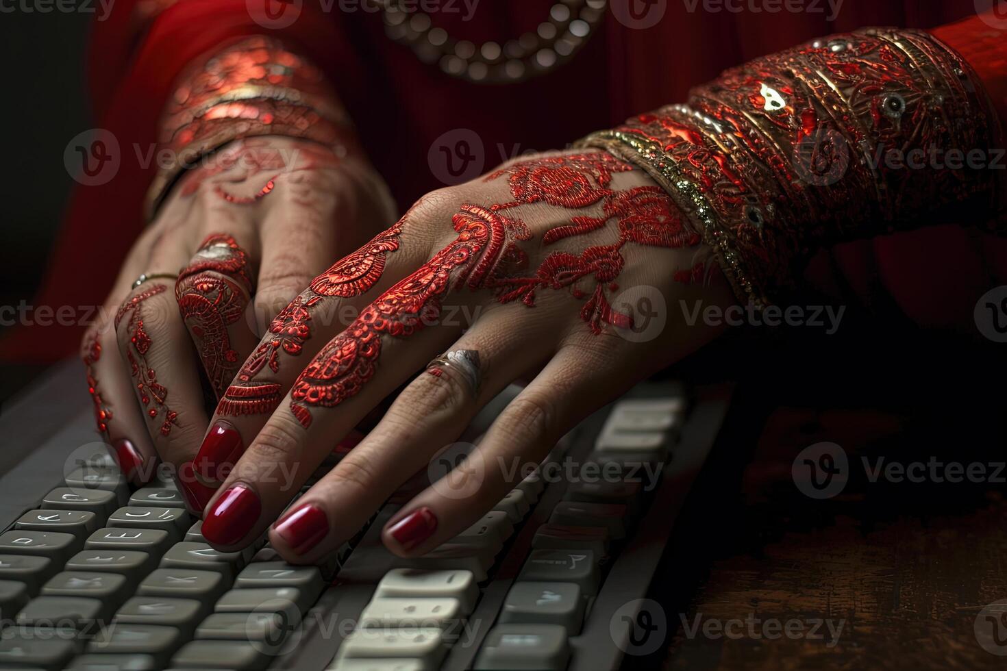 Indian Female Hands Typing on Keyboard Surfing Internet and Sending Message to Friends via Social Network. Technology and Communication Concept. . photo