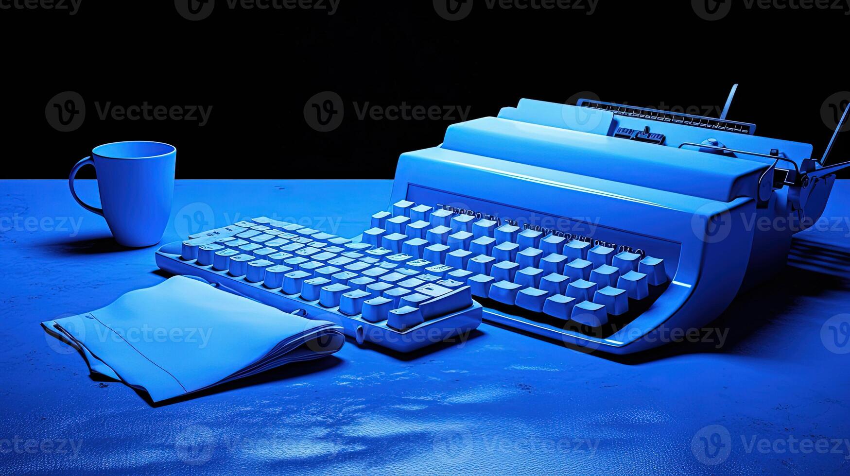 Retro Workspace with Typewriter, Papers and Tea or Coffee Mug on Shiny Blue Table Top. . photo