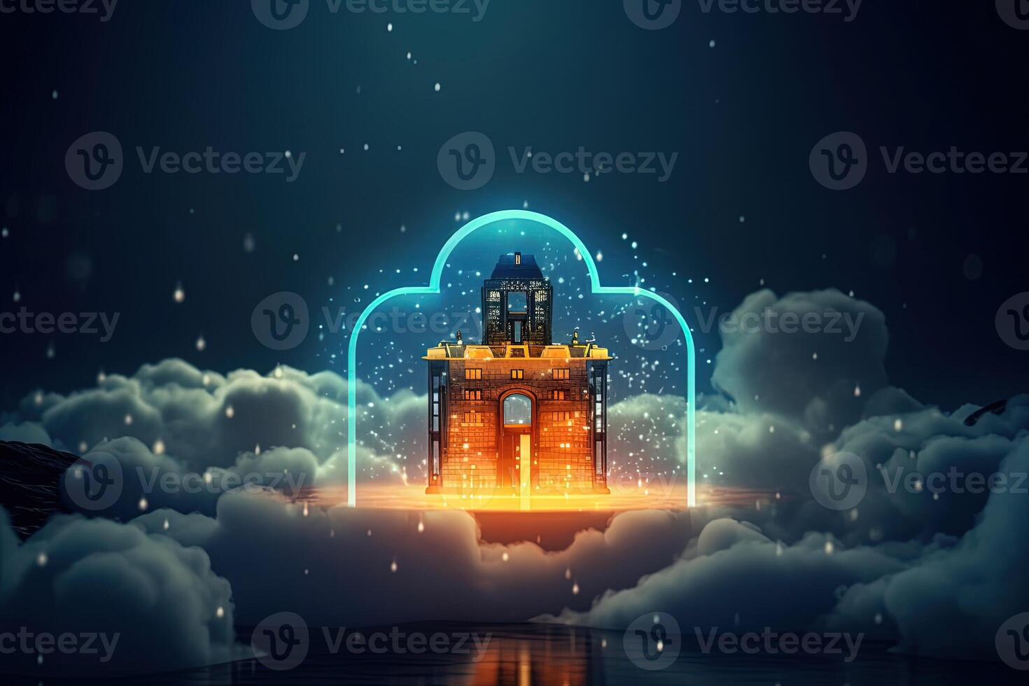 Luminous Heaven Arch Door in Clouds for Magic or Imagine Concept. Technology. photo