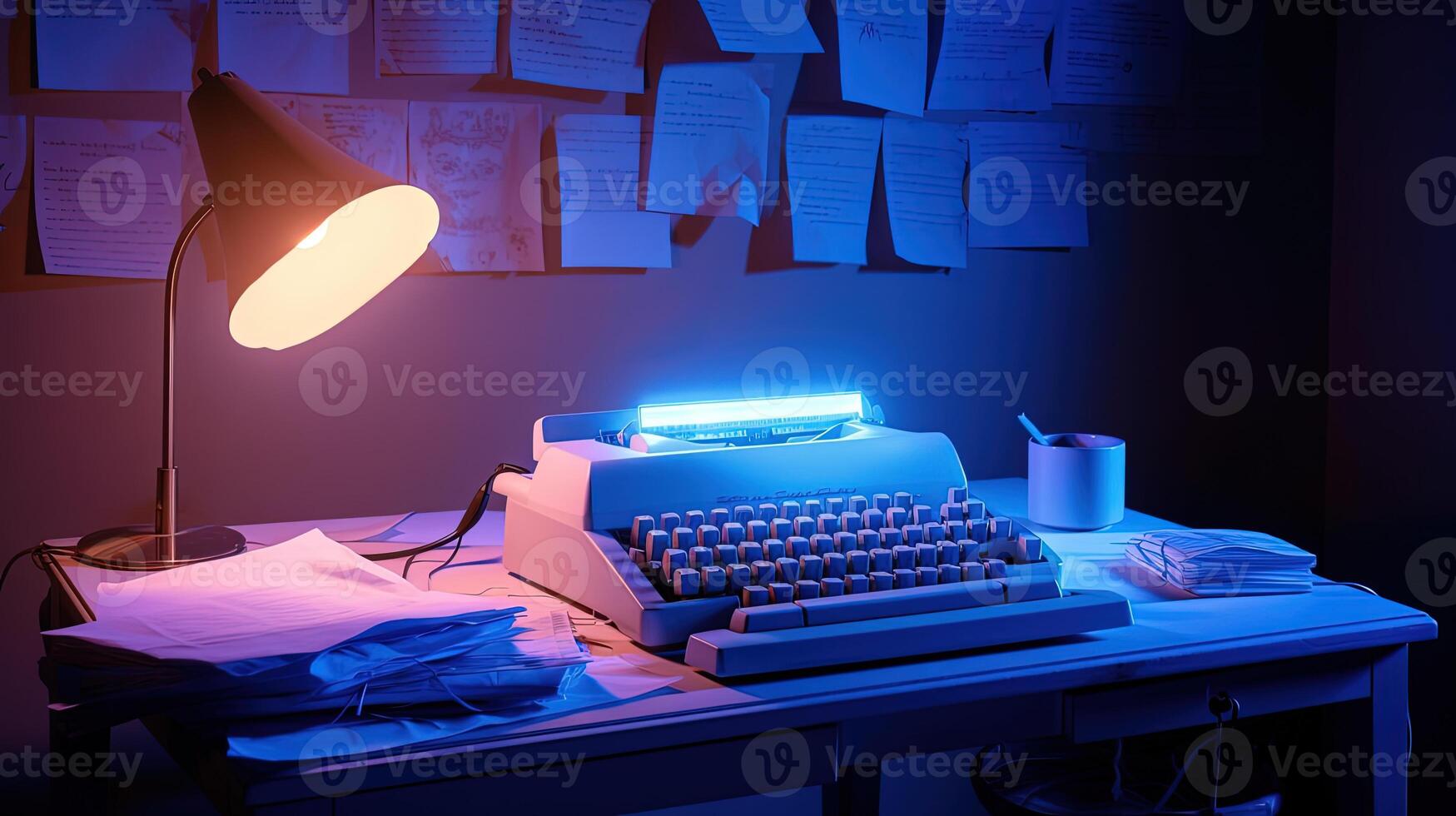 A Glowing Typewriter with Papers and Burning Table Lamp at Dark Room Background. Technology. photo
