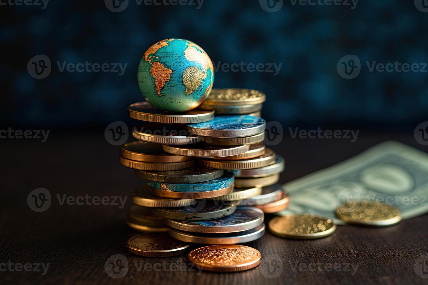 Global world Economy Concept with Earth Globe Top Stack of Different Currency Coins on Shiny Brown and Teal Background. . photo