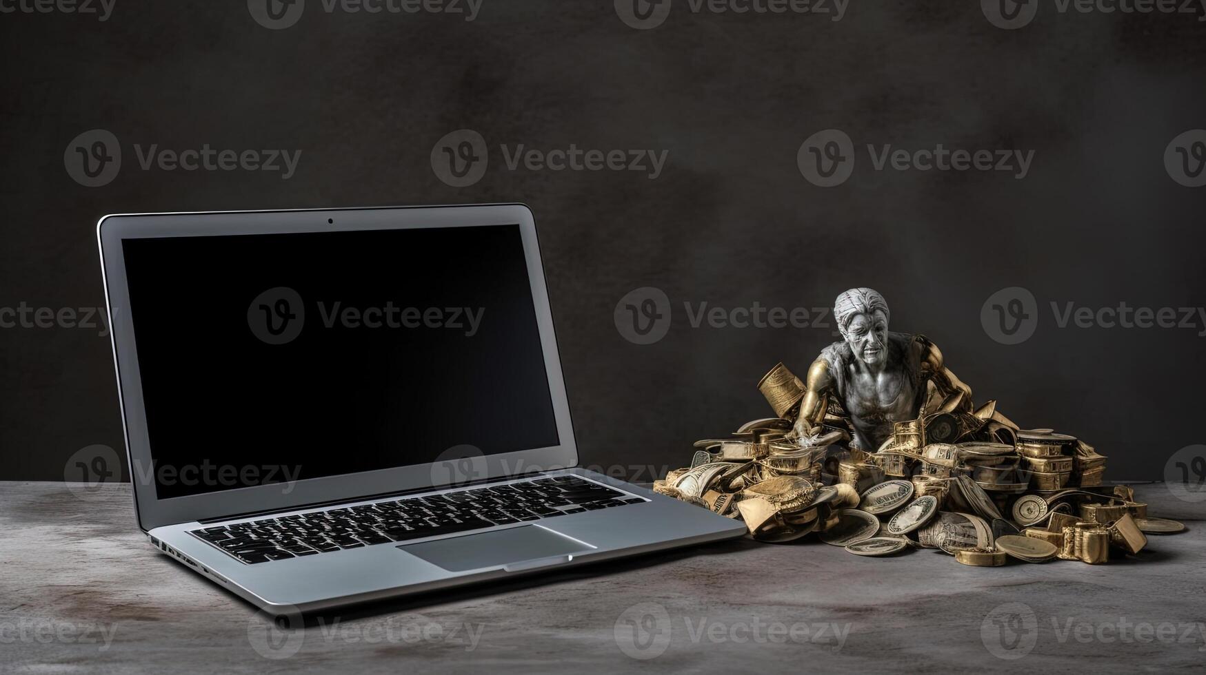 Clay Modeling Man Sitting on Money with Laptop at Dark Rustic Grey Background. Internet Technology Representing the idea of Online Earning Money or Home Business. photo