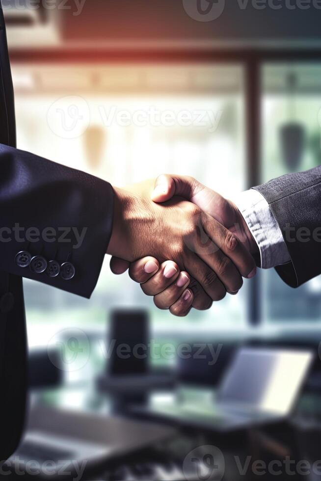 Crop Image of Two Person Shaking Hands In Laptop on Workplace for Business Meeting. . photo