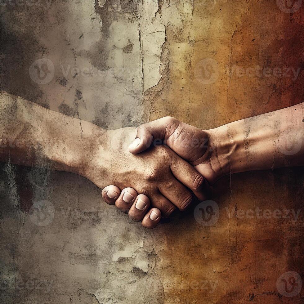 Close Shot of Casually or Friendly Two Person Shaking Hands against Rustic Wall. . photo