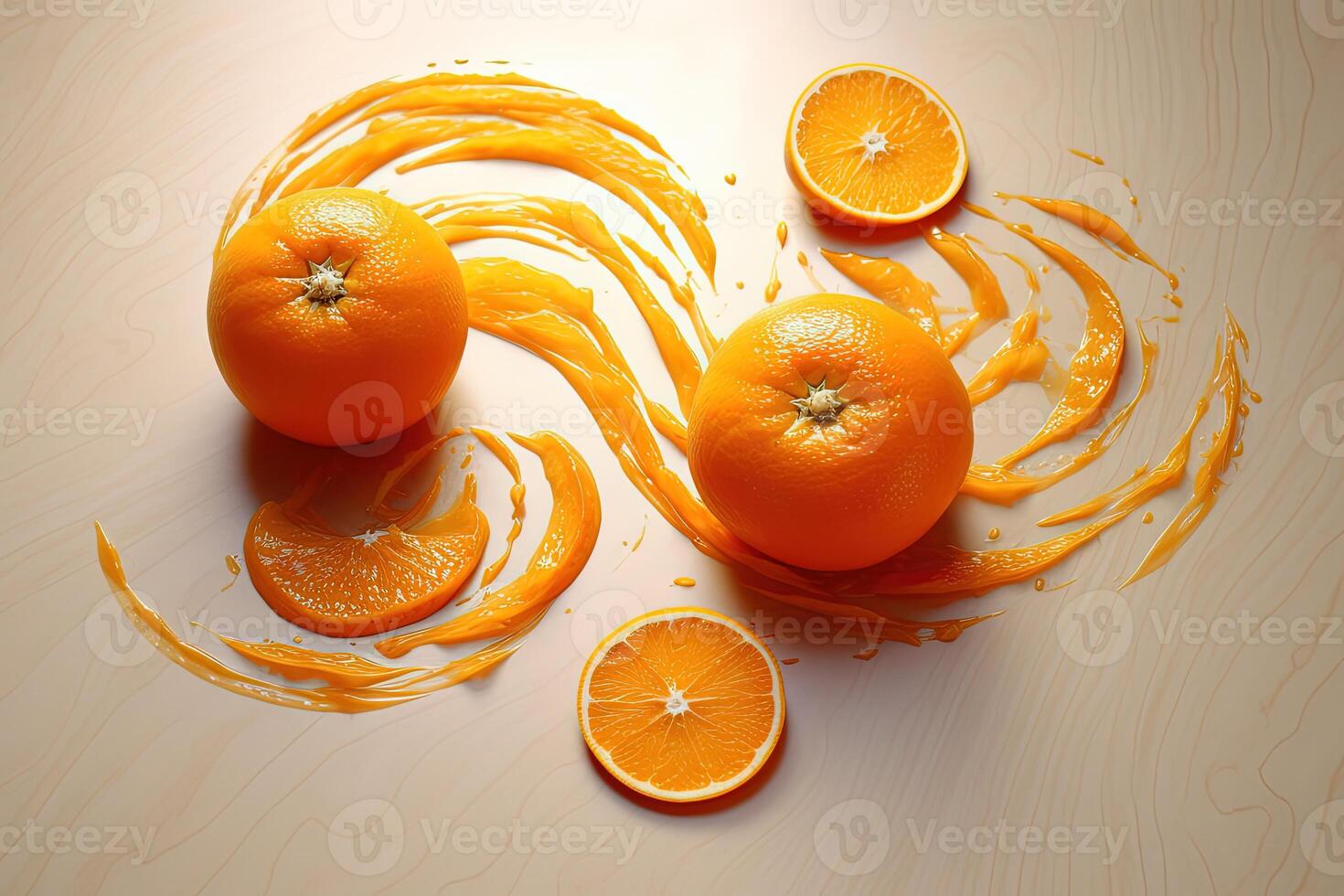 Juicy Fresh Orange and Jam Scattered on Pastel Brown Background. Nutritious Fruits As healthy Dessert Containing Natural Vitamins . photo