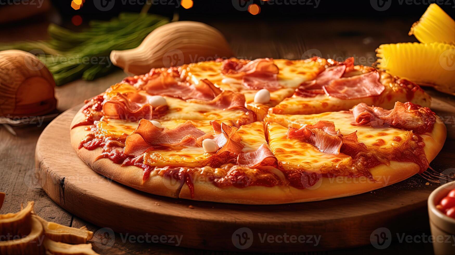 Presenting A Hawaiian Pizza with Pineapple and Bael Fruit on Rustic Wooden Table, Closeup. . photo