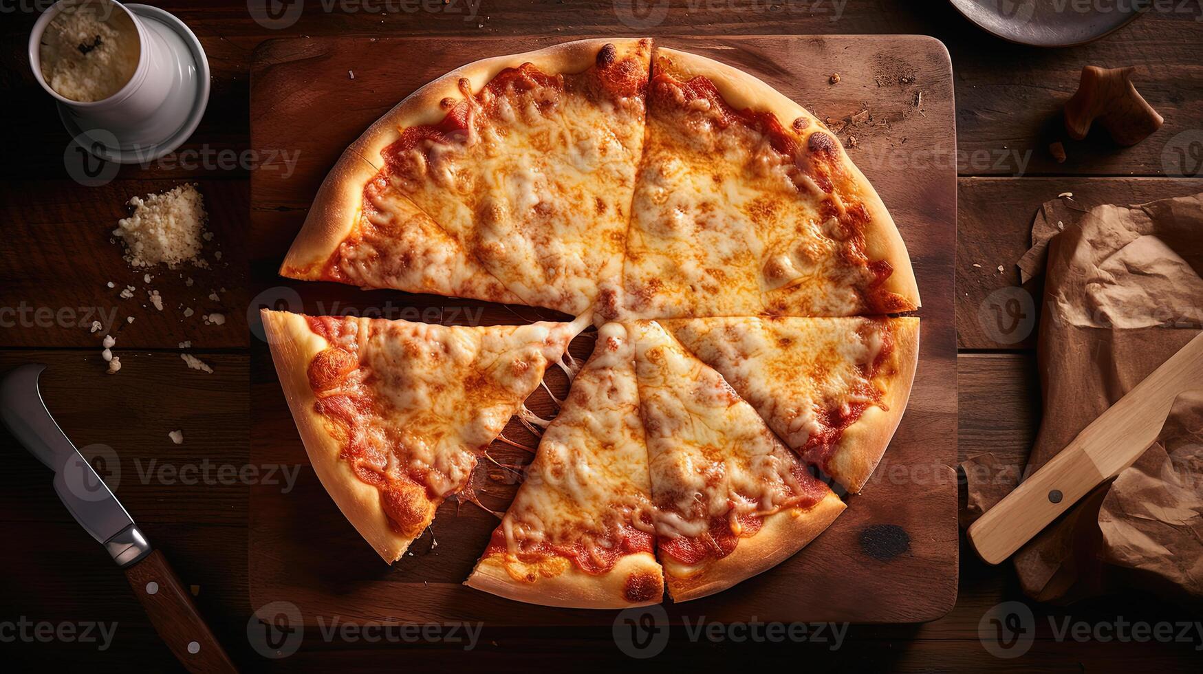 Top View of Hot Cheese Pizza with Spoon And Knife on Rustic Wooden Table. photo