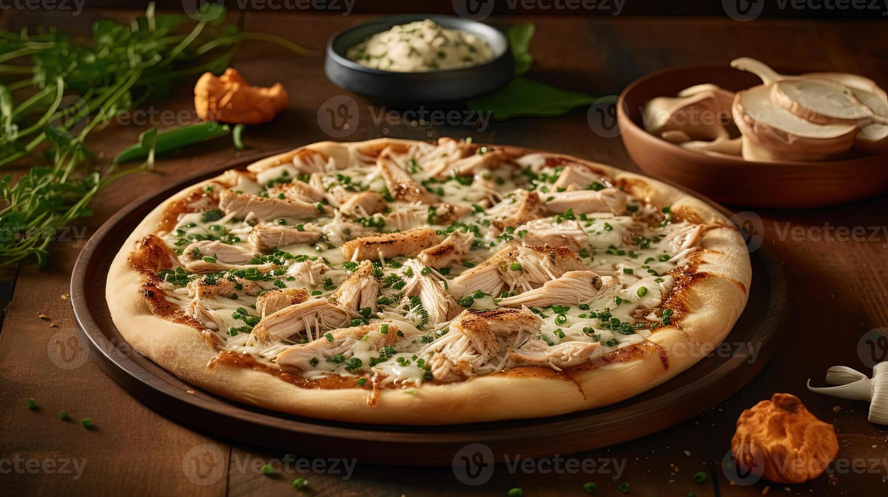 Craving Chicken Alfredo Pizza on Rustic Wooden Table Top. . photo