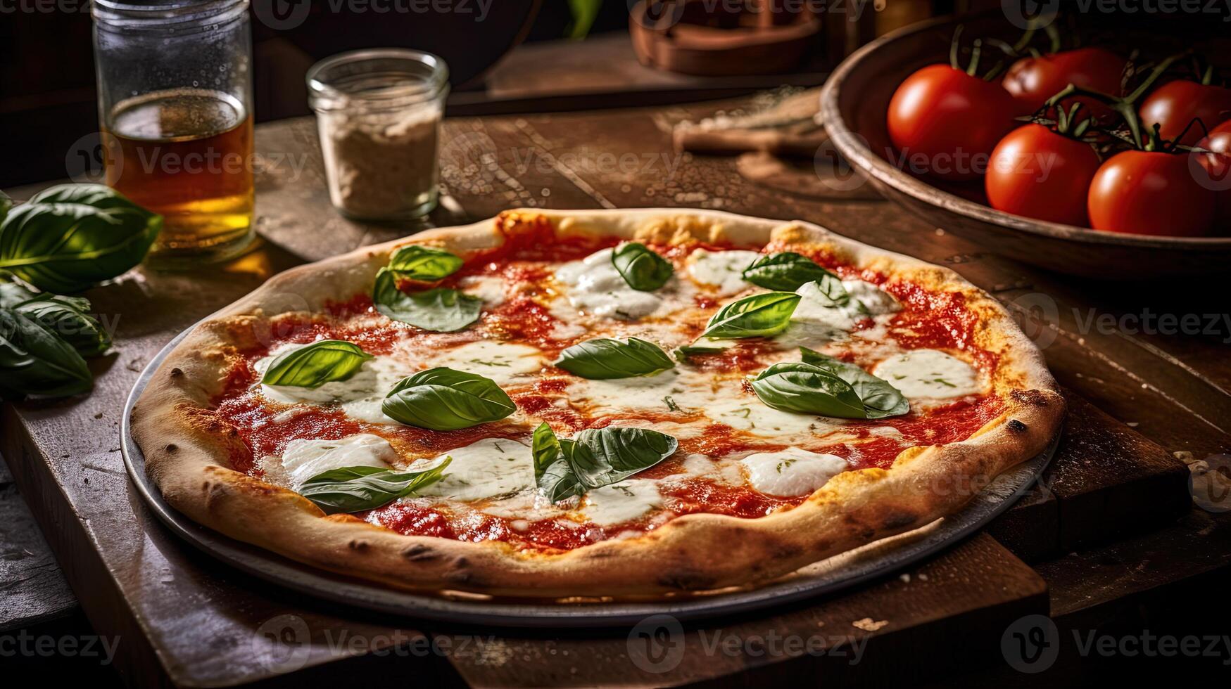 Close up Cravings Margherita Thin Chewy Crust with Buffalo Mozzarella and Basil, Tomatoes on Rustic Wooden Table. . photo