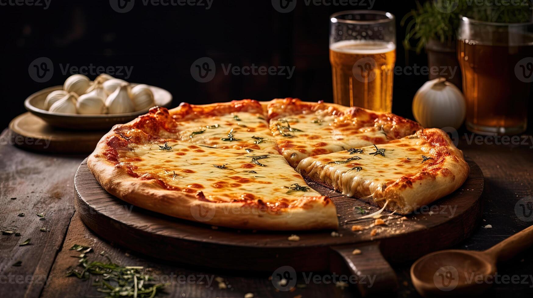 caliente ansia queso Pizza con ajo cuenco y bebida vaso en rústico de madera mesa cima. generativo ai. foto