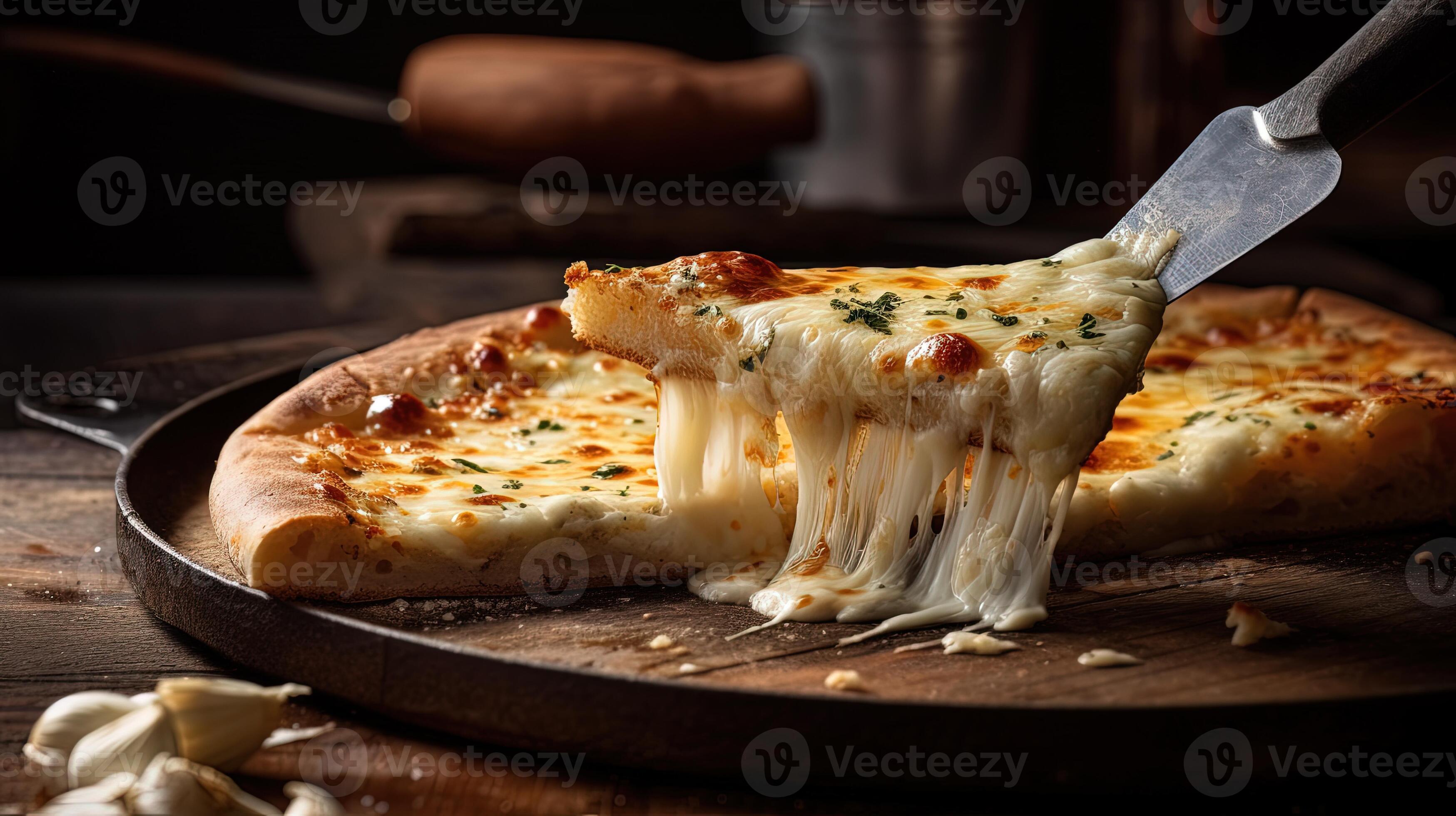 Delicious Cheese Stringy Slice Lifted of Supreme Pizza on Tray or