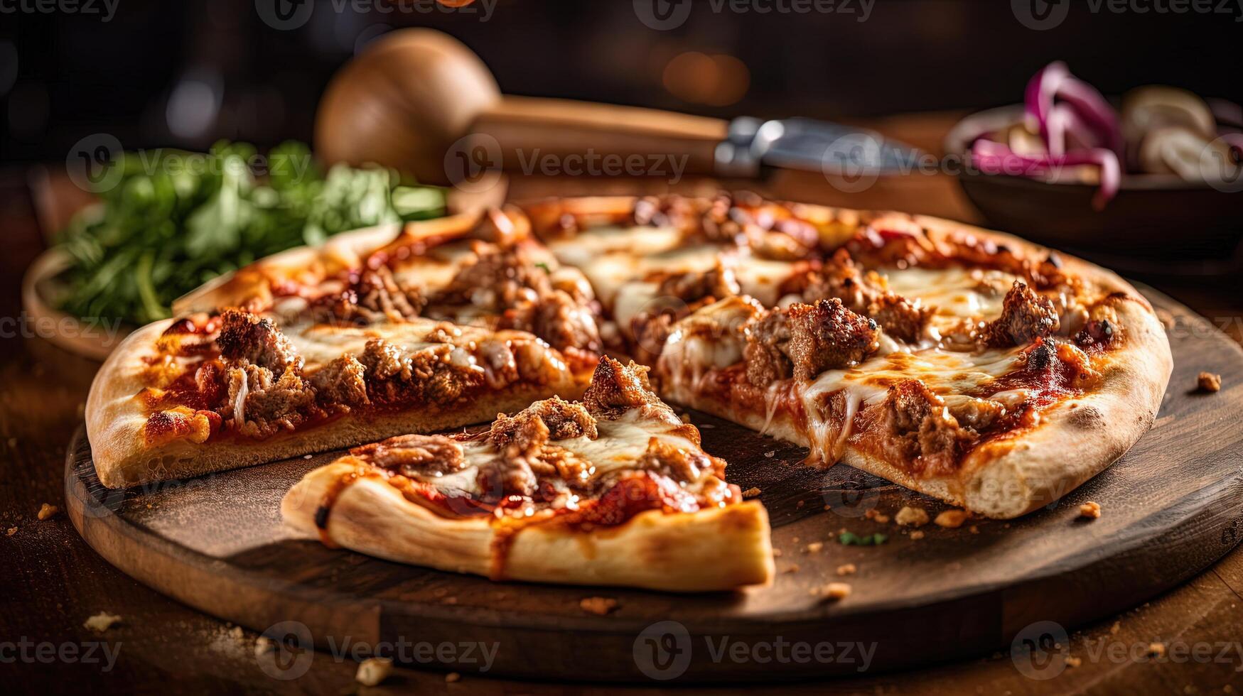 recién horneado pollo Pizza con el cortar carne coberturas servido en de madera corte tablero para Listo a comer concepto. comida fotografía, generativo ai. foto