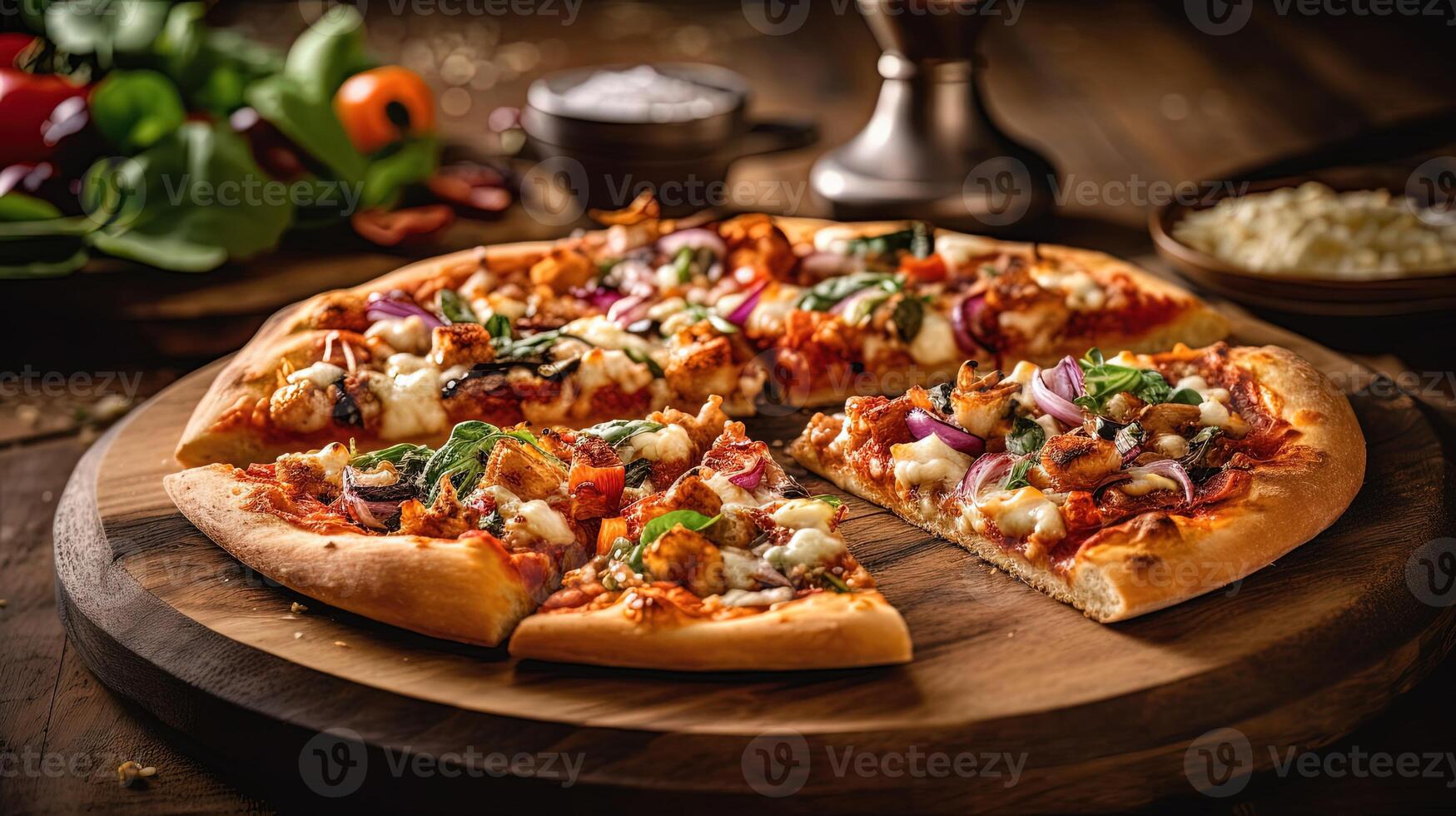 Delicious Supreme Pizza Toppings Loaded with Extra Fresh Ingredients on Wooden Cutting Board. Food Photography, . photo