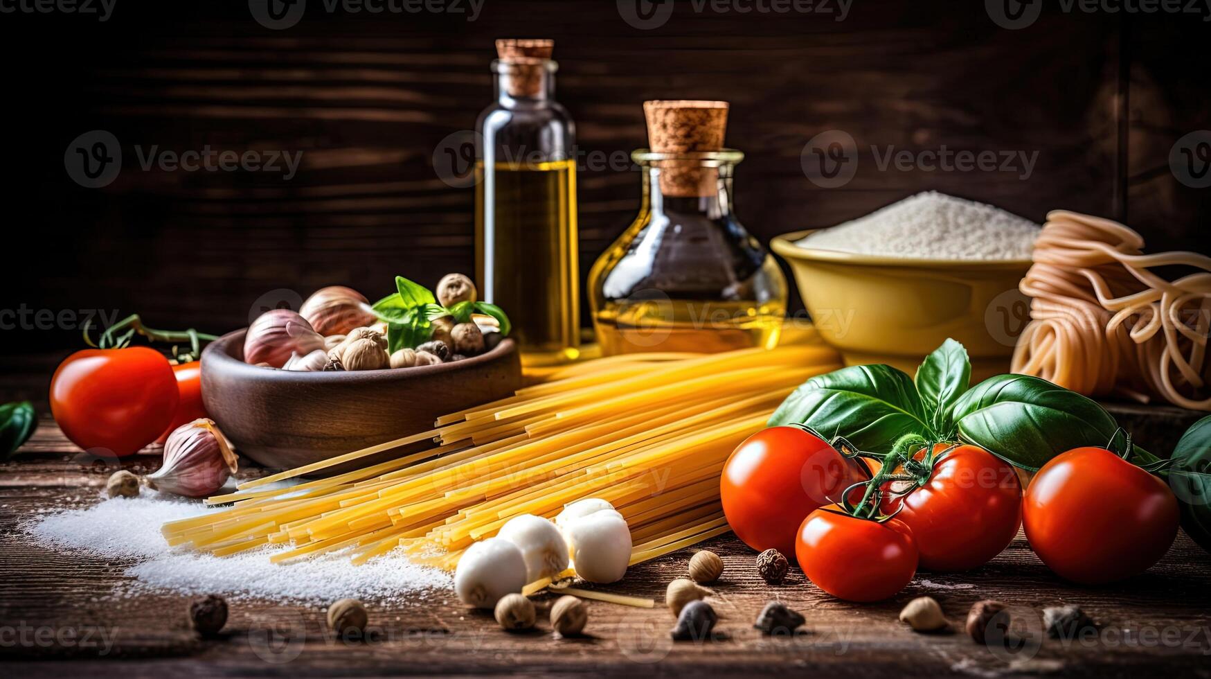 Cooking Italian Style Pasta or Spaghetti Dish Ingredients on Dark Wooden Table, Close Up Shot Technology. photo