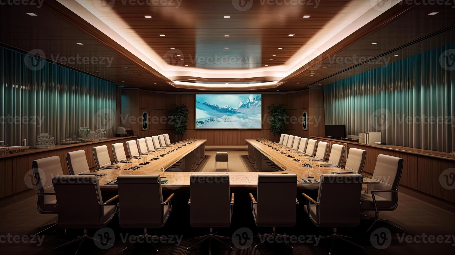 Modern Board Room with a Large Conference Table Surrounded by Comfortable Chairs, Beautiful Snowy Mountain Scenery on Wall. Created by Technology. photo