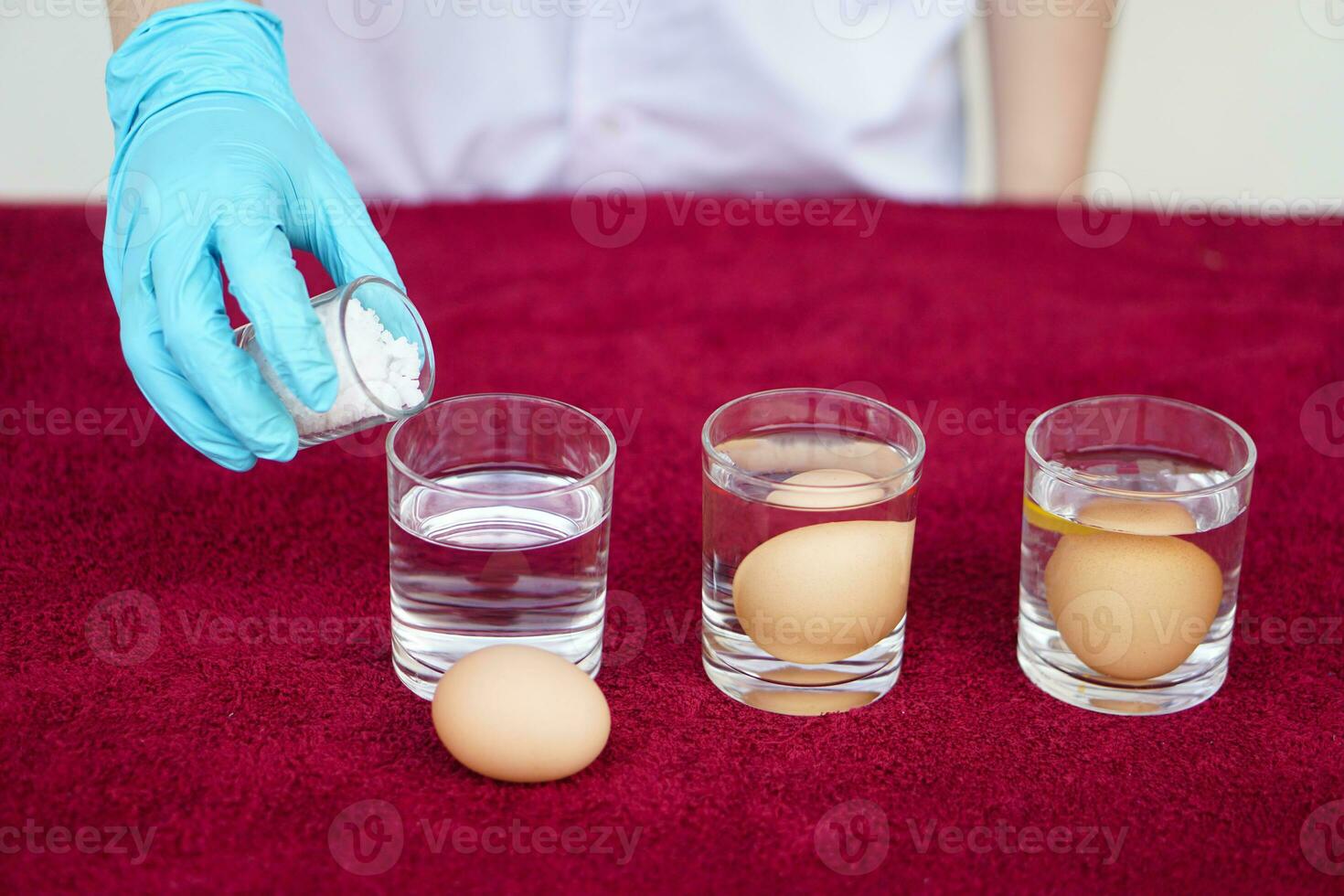 Close up science experiment about eggs in water, compare the density by