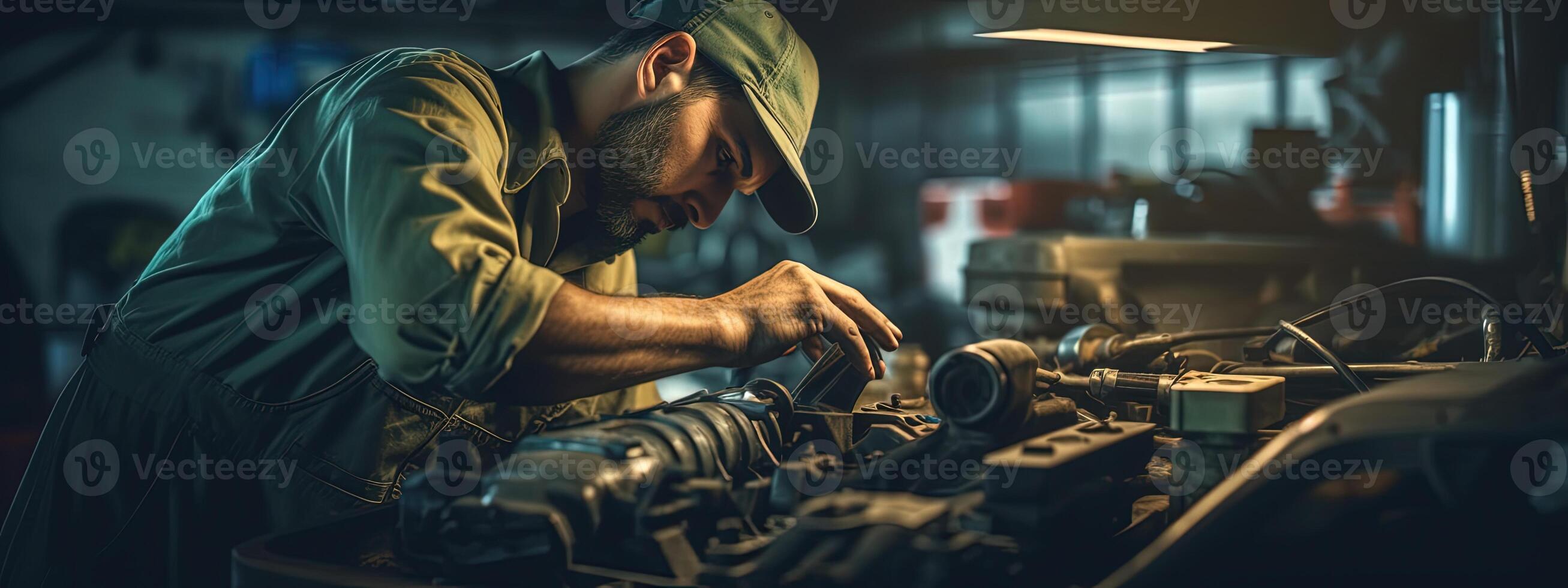 auto mecánico trabajando en coche roto motor en garaje o reparar servicio, auténtico de cerca disparo. creado por generativo ai tecnología. foto