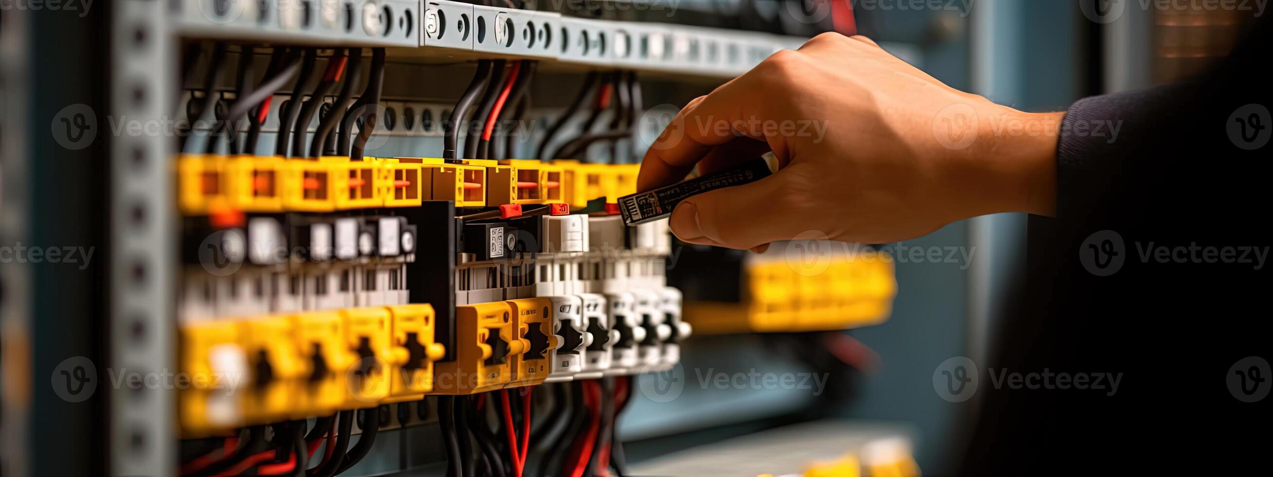 Close-up Hand of An Electrical Engineer Checking in Control Panel or Automation Box, Concept of Electricity Maintenance Service. Created By Technology. photo