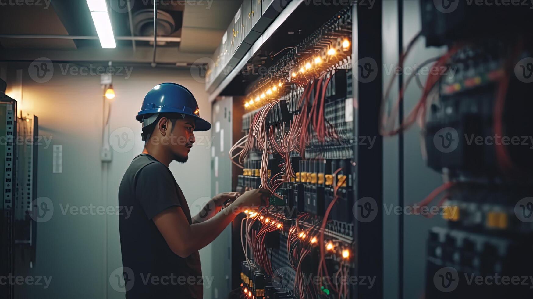 Electrician Engineer Checking Electric Current Voltage at Circuit Breaker and Cable Wiring System, Concept of Electrical Maintenance Service. . photo