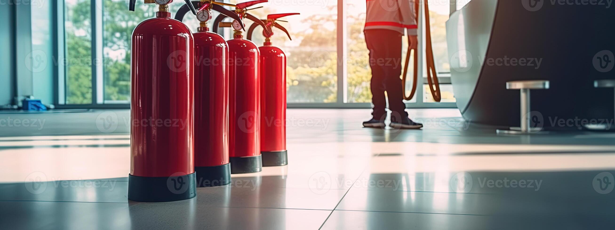 fotogénico imagen de cuatro fuego extintor en piso y de cerca hombre en pie cerca ventana en interior sala, generativo ai tecnología. foto