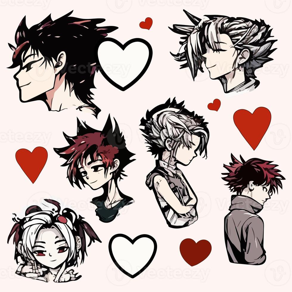 Set of Boys And Girls Characters With Heart Shapes. Anime Play Concept. photo