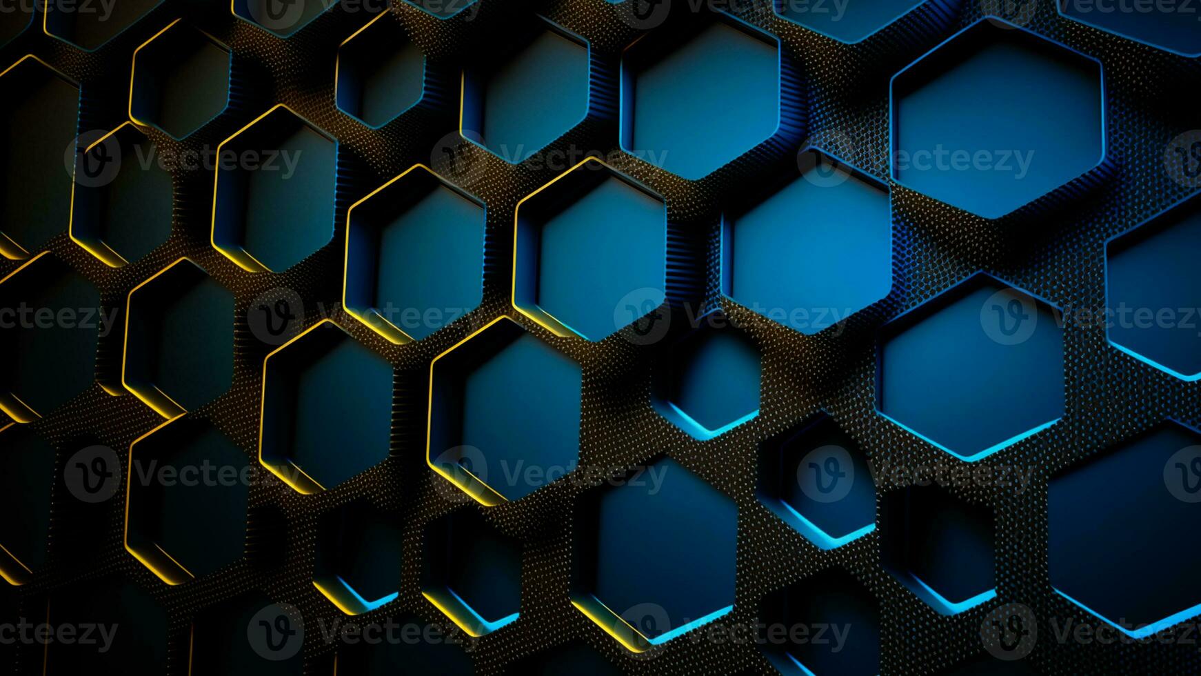 Golden Light Effect On Blue Abstract Hexagon Pattern Background. 3D Render. photo