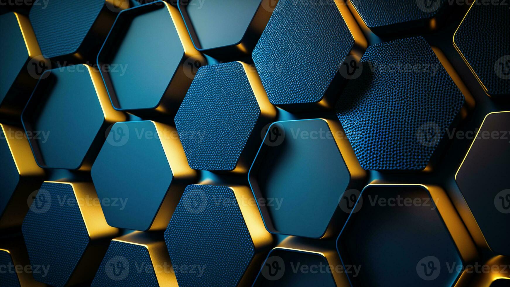 Blue And Golden Abstract Hexagon Pattern Background. 3D Render. photo