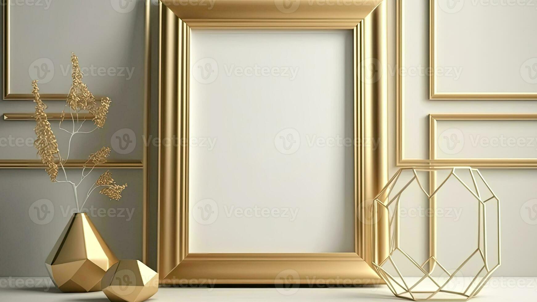 Scandinavian golden photo frame with indoor plants, and decoratives against grey walls.