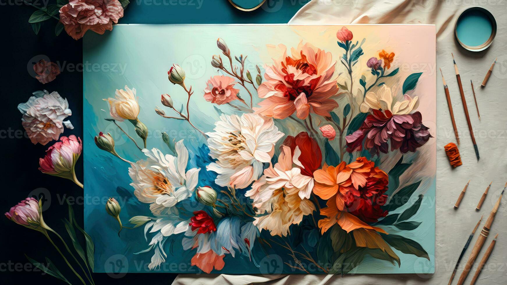 Top View, 3D Wallpaper Blue Flowers and Colorful Flowers Oil Paint on Blue Background. AI-Generated, Digital Illustration. photo