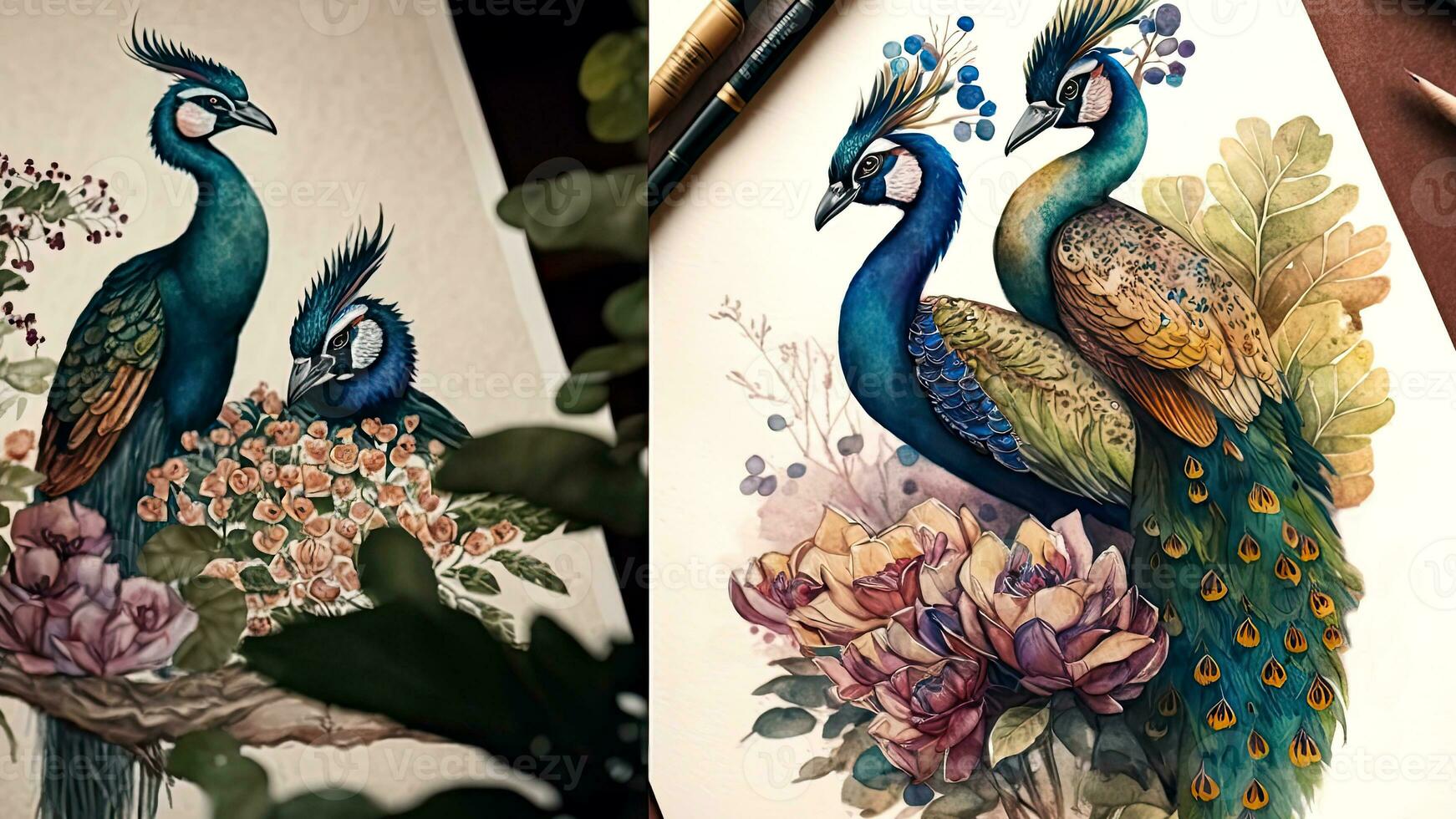 Watercolor Oil Painting, Pair of Peacock Sitting on Branch Between Leafs Tropical Rainforest, Flowers in the Background, Incredibly Detailed AI-Generated, Digital Illustration. photo