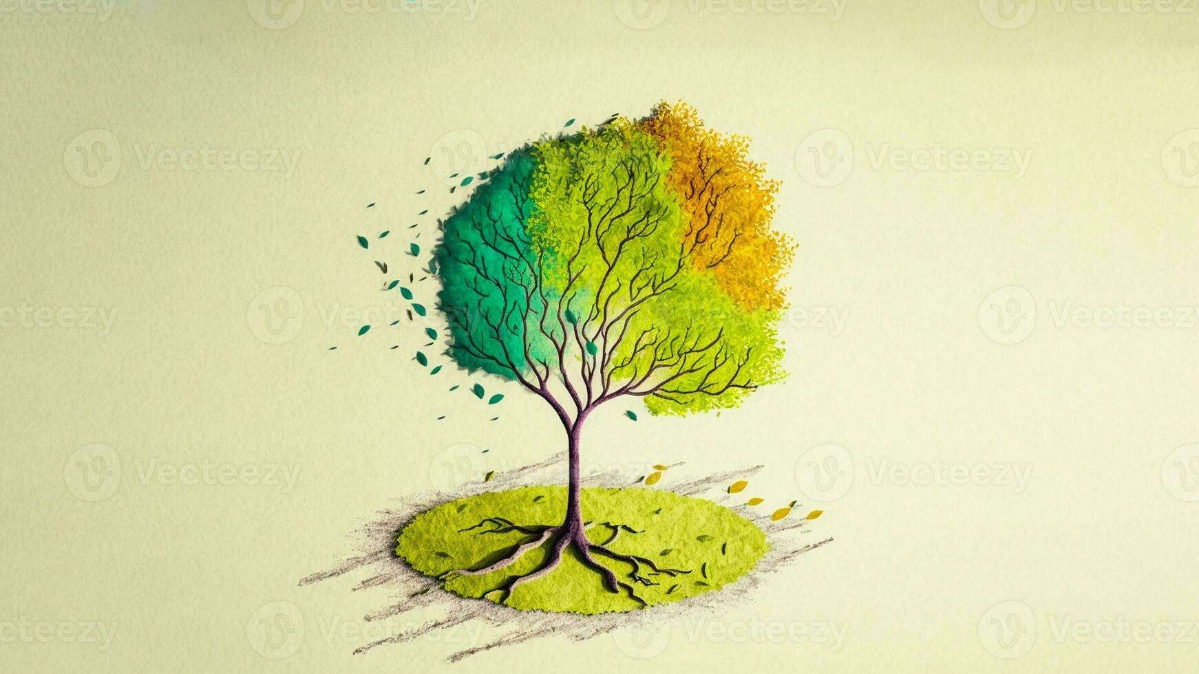 Watercolour painting of an isolated tree with text sapce for your message. AI-Generative Digital Illustration. photo