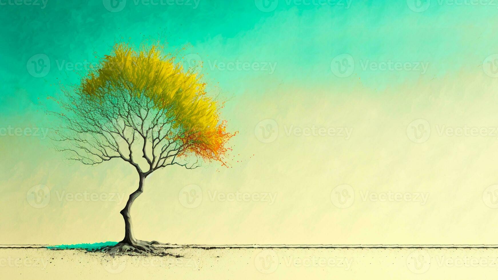 Watercolour painting of an isolated tree with text sapce for your message. AI-Generative Digital Illustration. photo