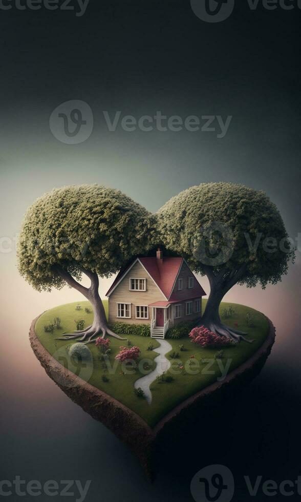 Concept of Heart-Shaped Island, Green Trees with House, Generative-AI Technology, Digital Illustration. photo