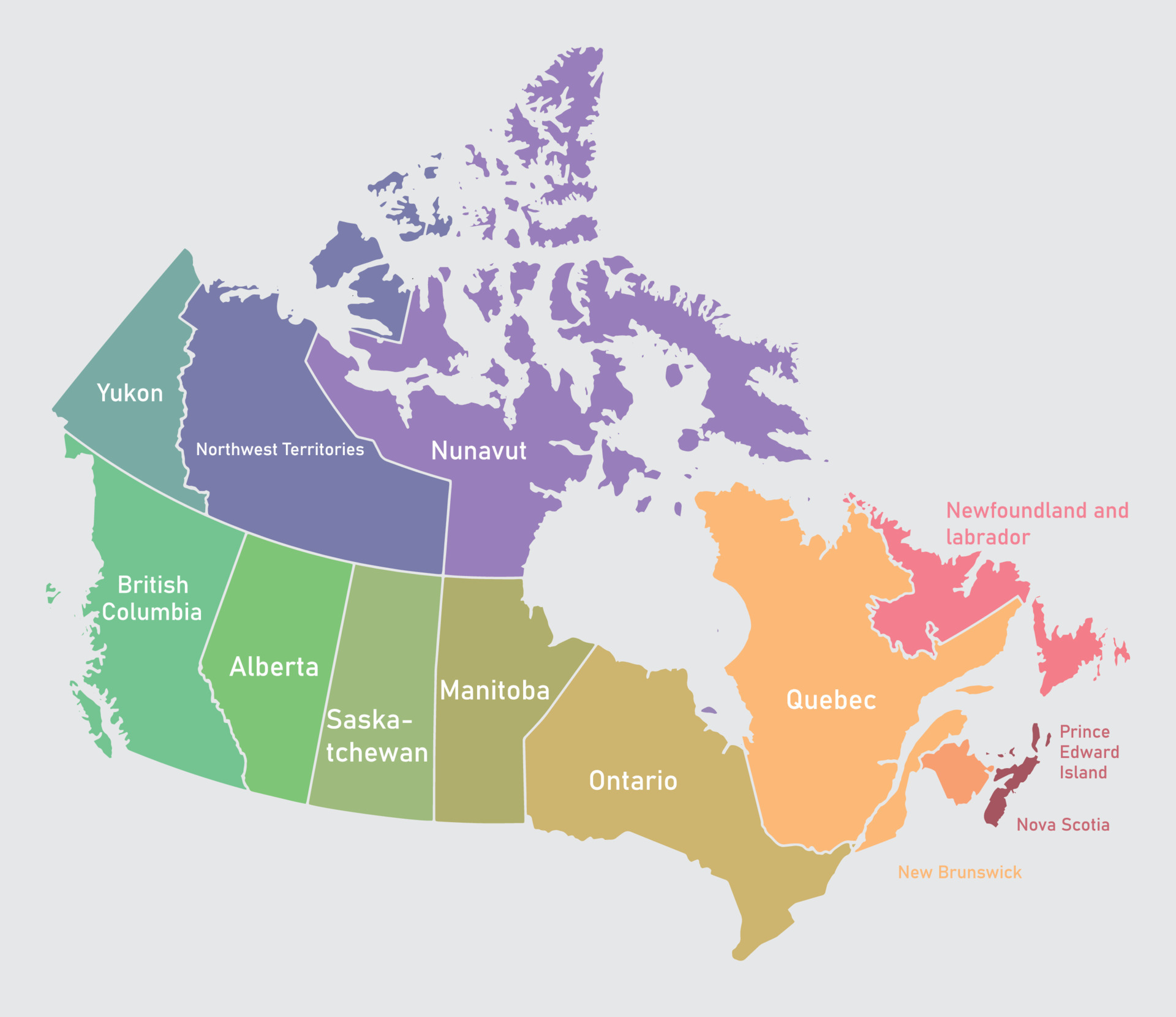 mapa de Canadá dividido dentro 10 provincias y 3 territorios