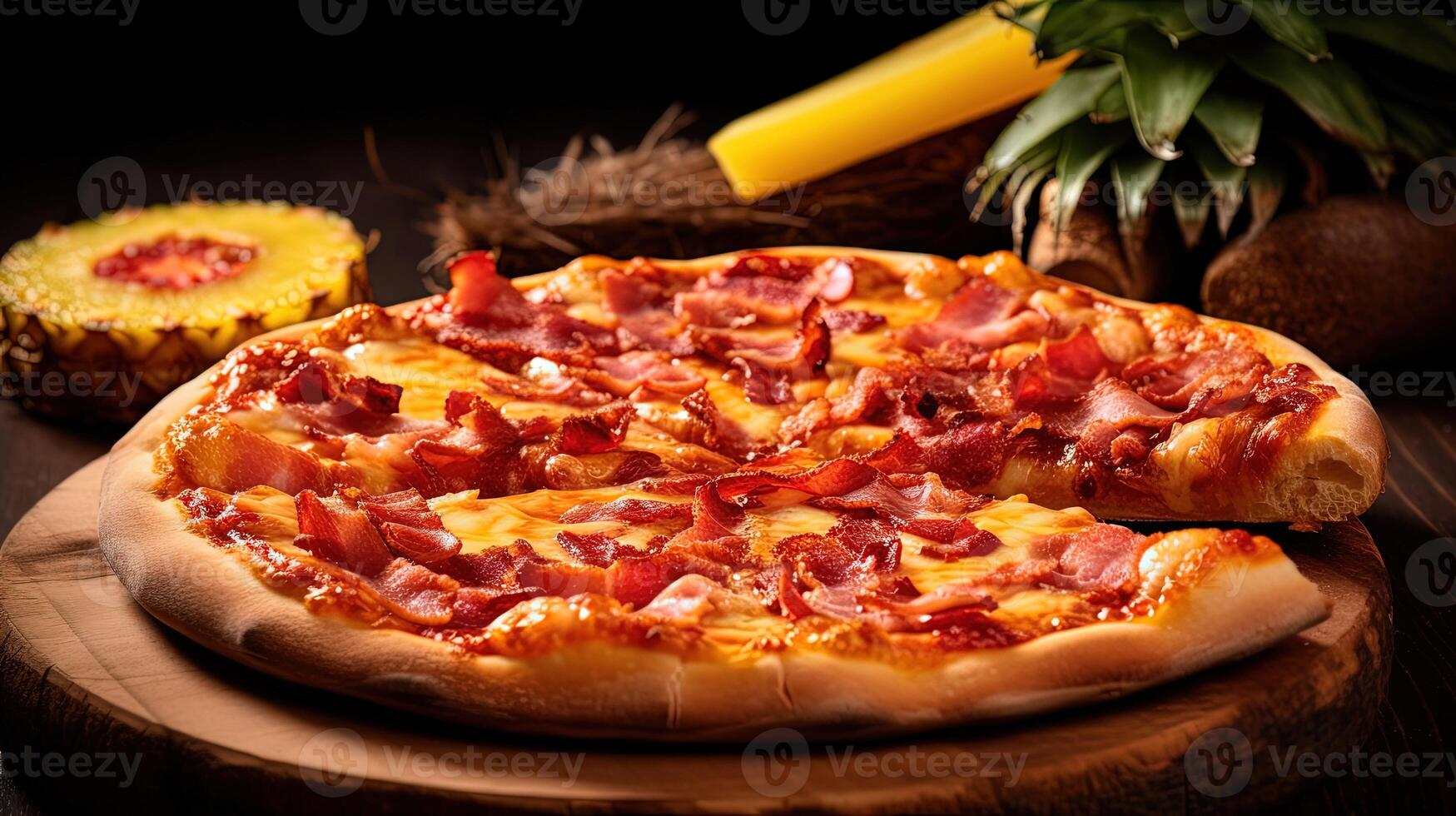 recién horneado delicioso Pizza hecho de piña y tocino en de madera corte tablero para rápido comida Listo a comer concepto. comida fotografía, generativo ai. foto