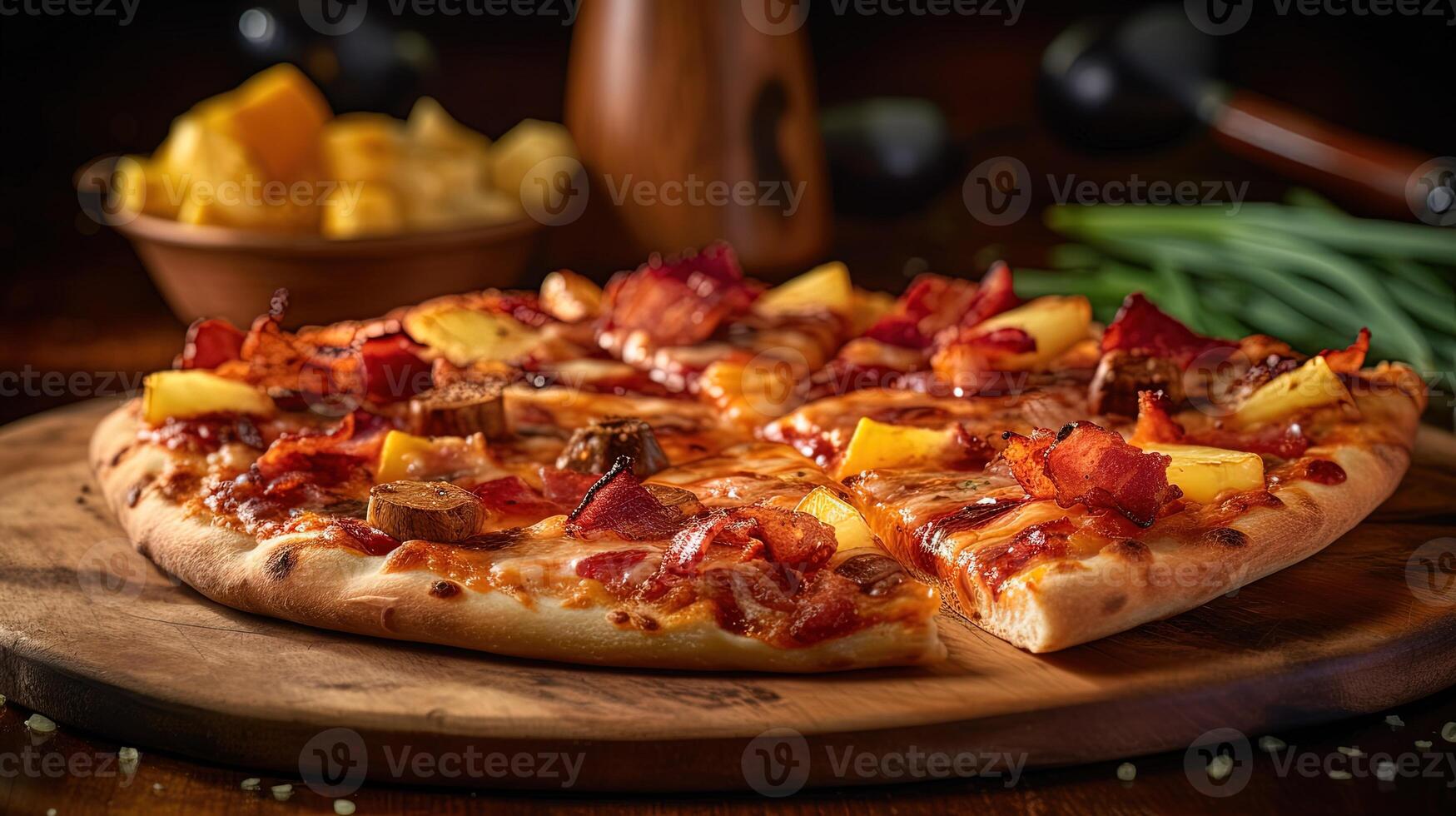 recién horneado delicioso Pizza hecho de piña y tocino en de madera corte tablero para rápido comida Listo a comer concepto. comida fotografía, generativo ai. foto