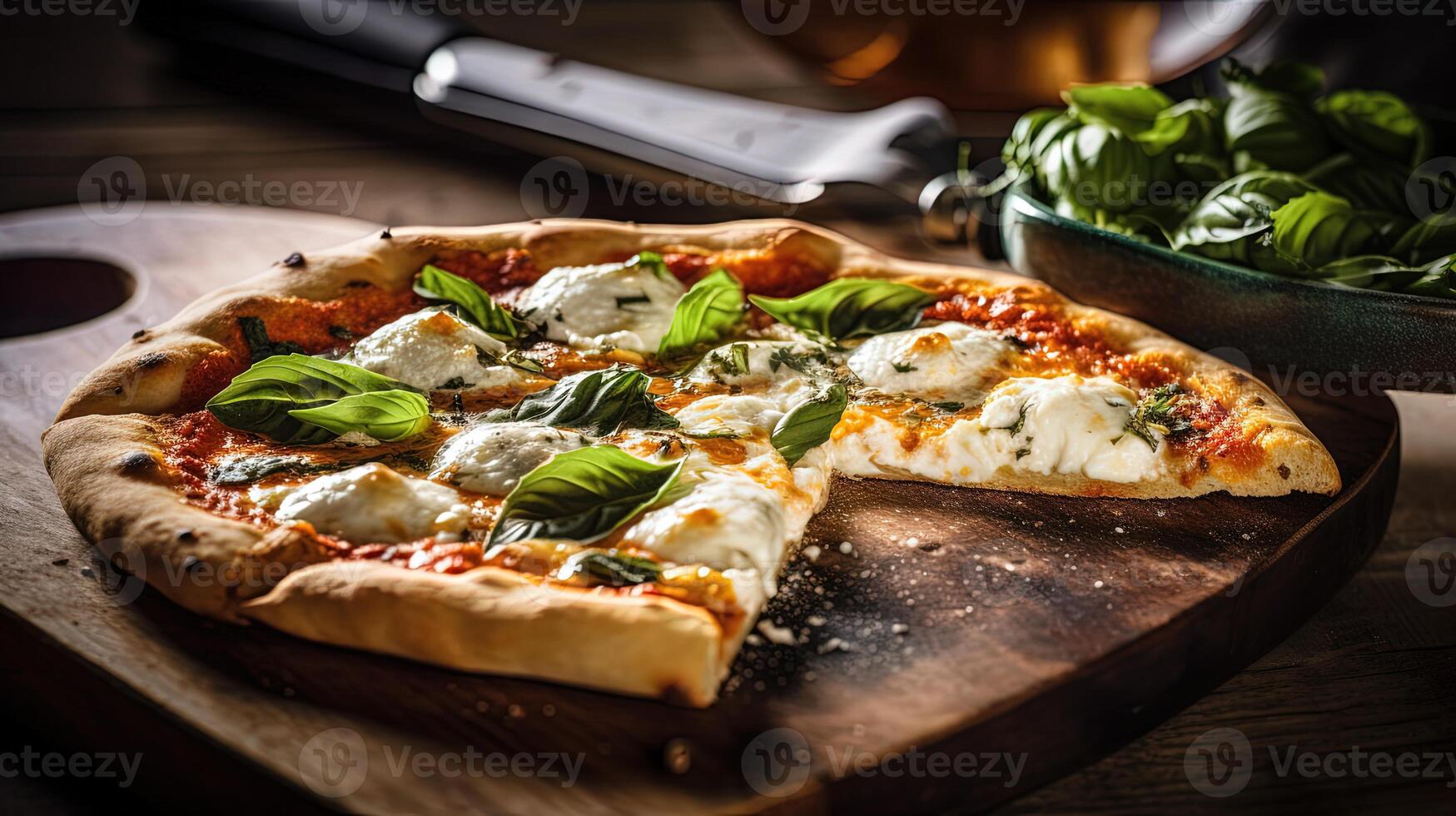 Freshly Baked Margherita Pizza on Wooden Cutting Board, Food Photography. . photo