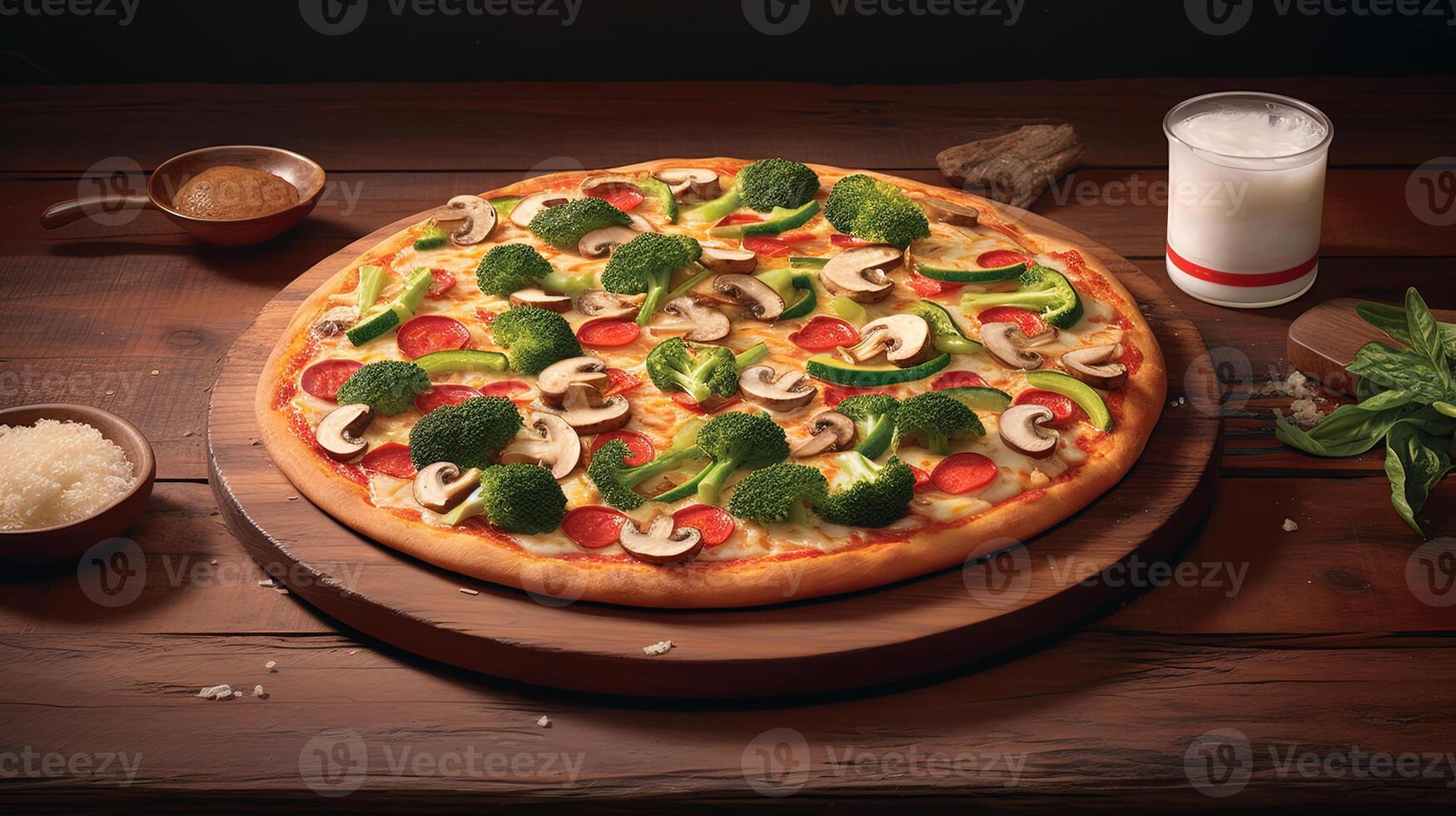 Delicious Veggie Supreme or Deluxe Pizza with Pepperoni on Wooden Cutting Board for Italian Food Ready To Eat Concept, Food Photography. Template or Banner for Restaurant. . photo