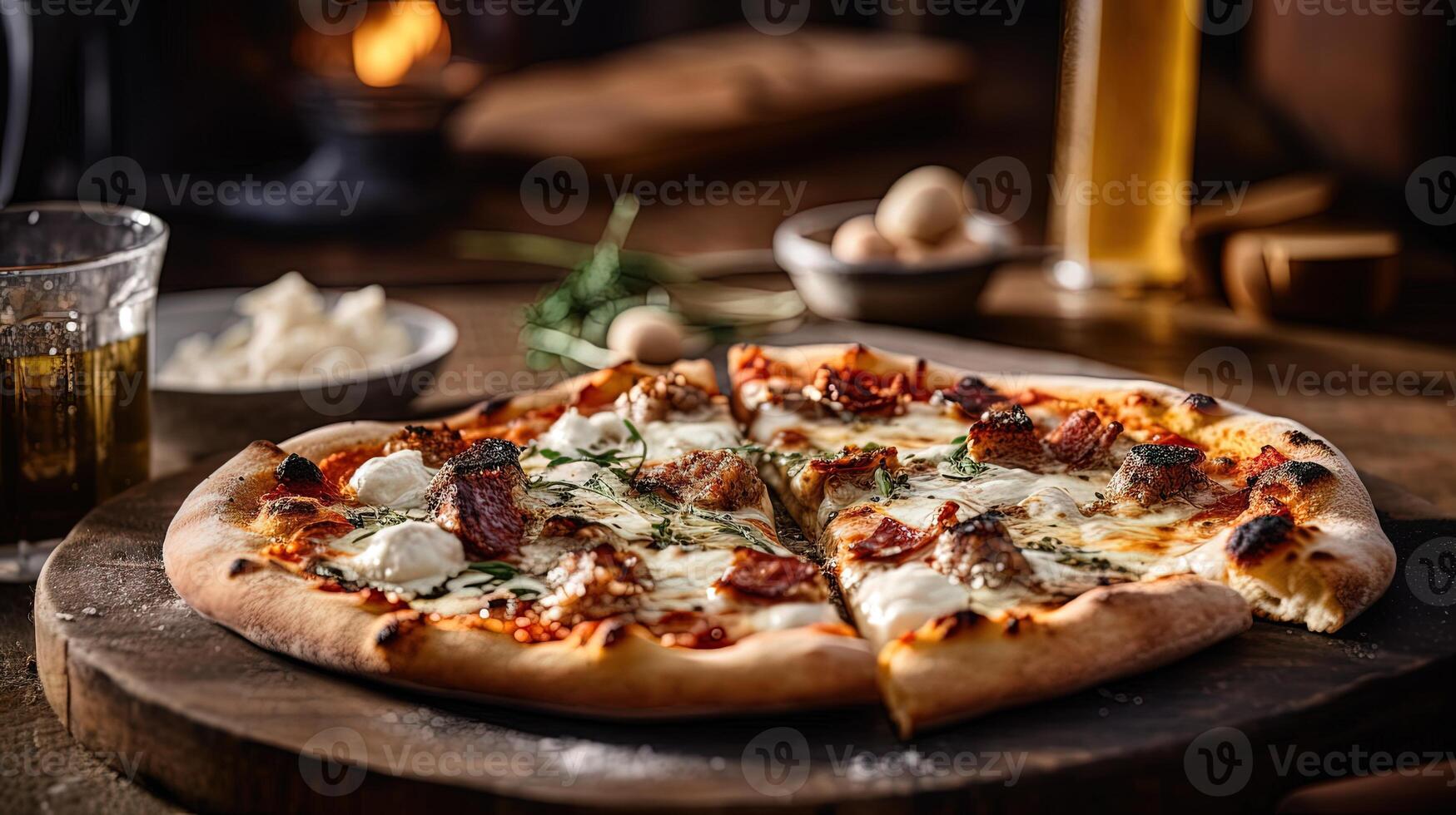 hecho en casa horneado pollo margherita Pizza en de madera corte tablero para rápido comida Listo a comer concepto, comida fotografía. generativo ai. foto