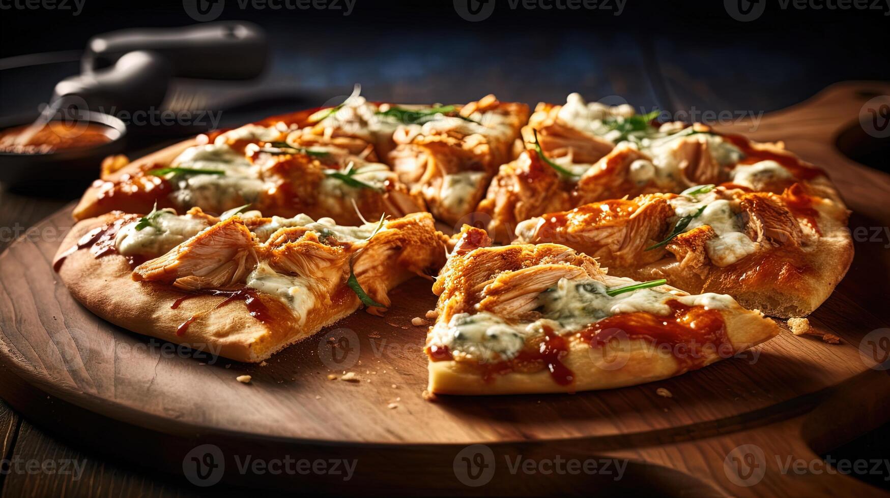 Delicous Homemade Buffalo Chicken Pizza on Wooden Cutting Board for Fast Food Concept, Food Photography. Template or Banner for Restaurant. . photo